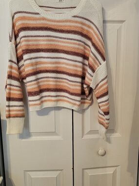 Ardene Striped Scoop-Neck Sweater in Cream, Orange & Brown